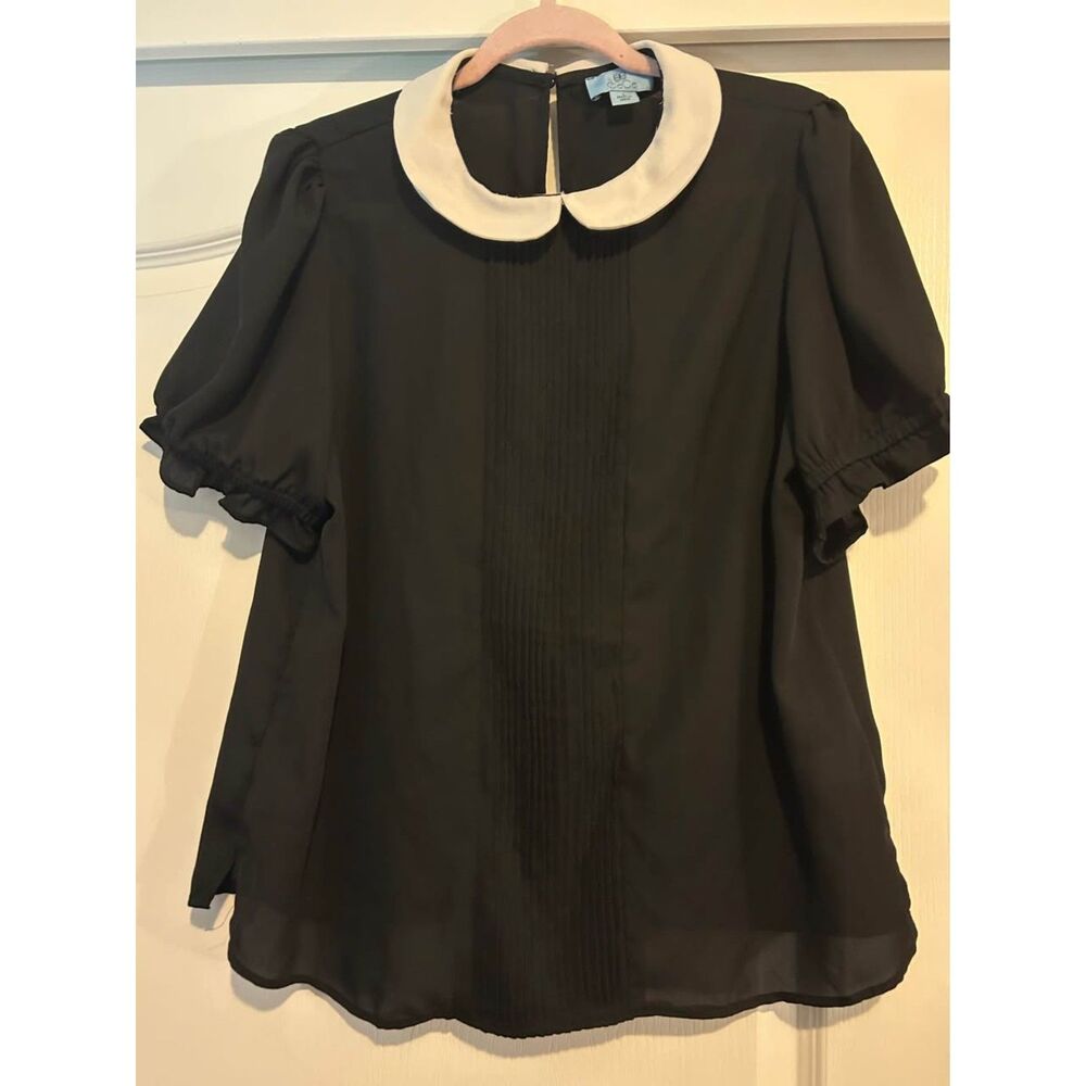 CeCe black goth short sleeve peter pan collar blouse shirt woman's size L